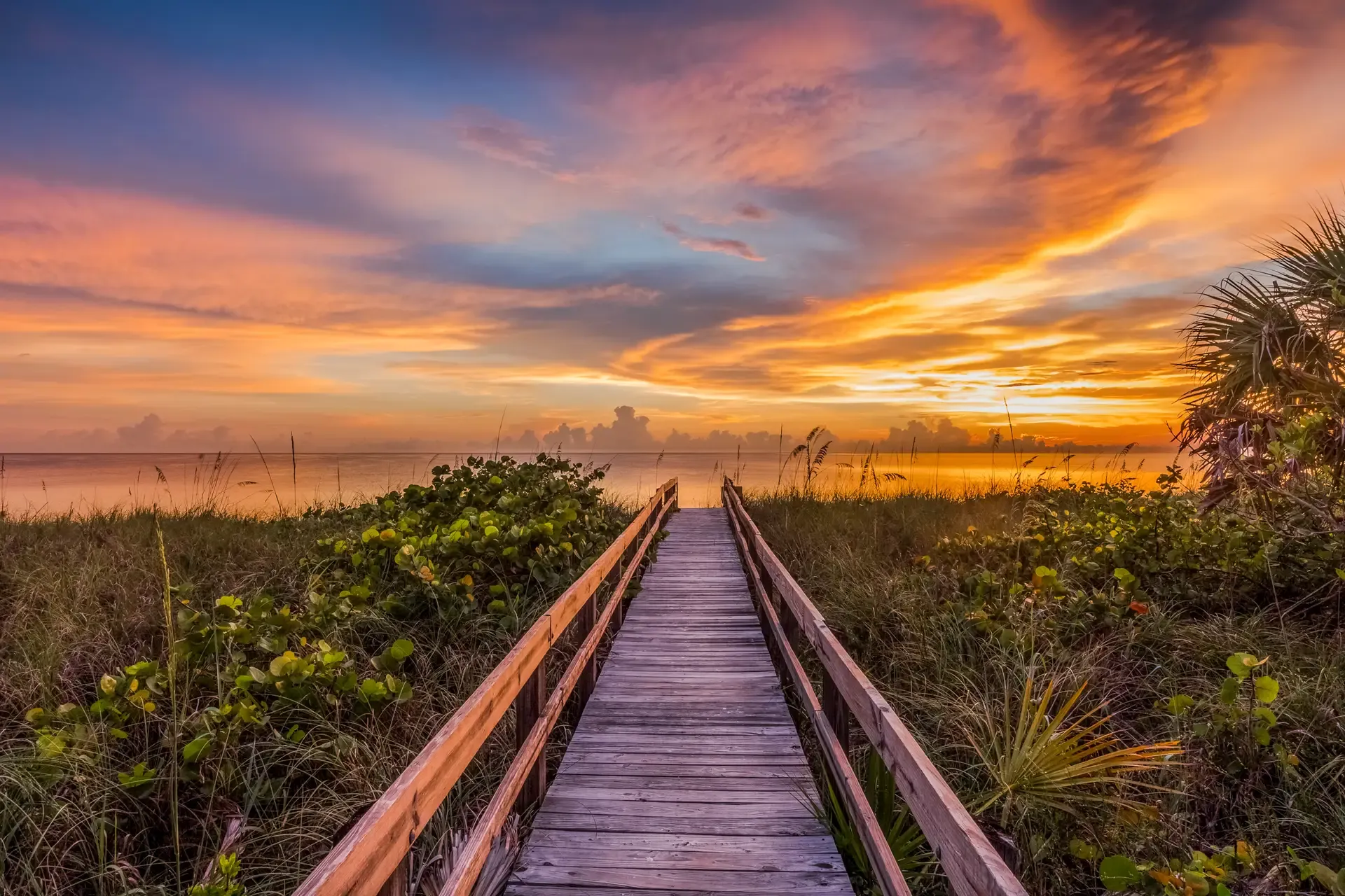 Sunset over tranquil beach pathway