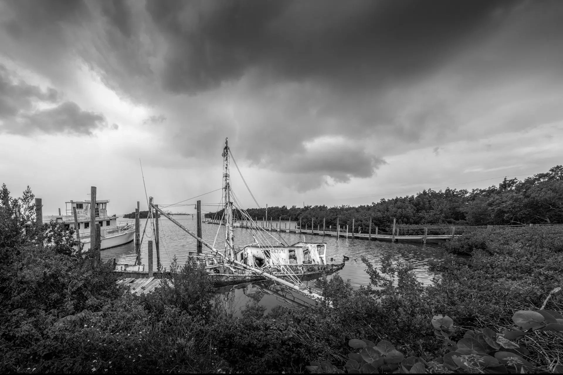 Abandoned boats in moody landscape.