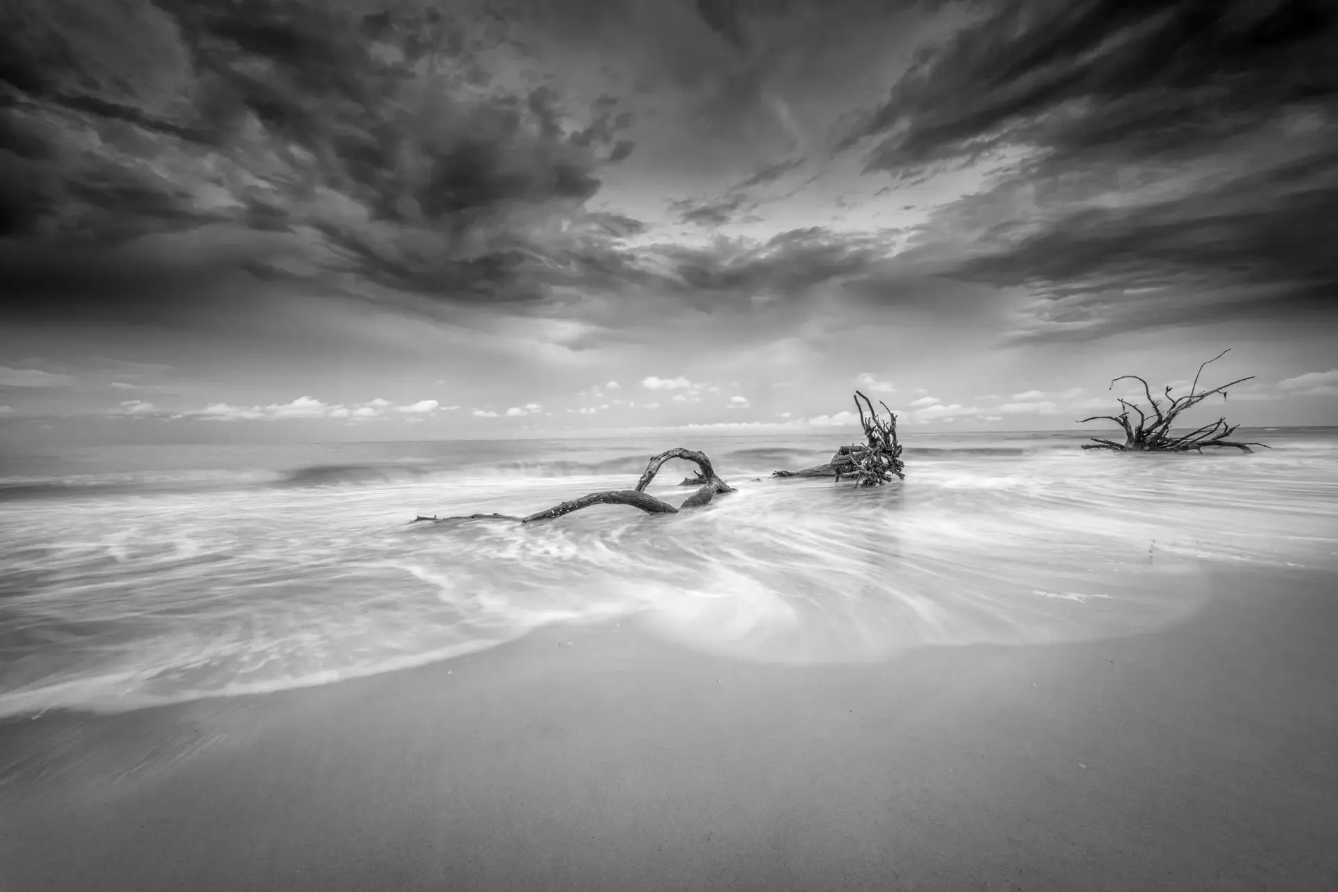 A surreal black and white beach scene with a hand emerging from the water.