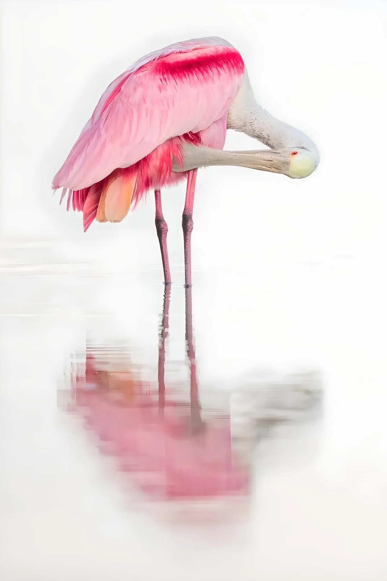 Roseate spoonbill preening in water