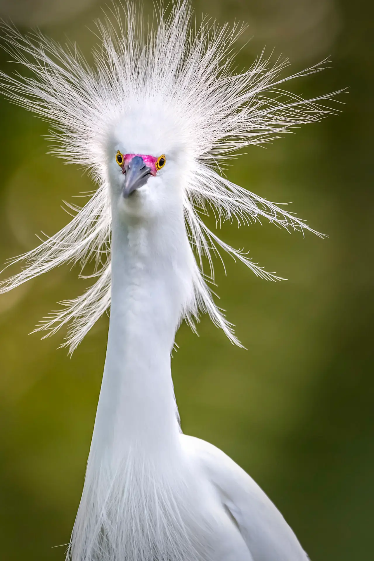 A close-up of a white bird with spiky feathers and a colorful beak.
