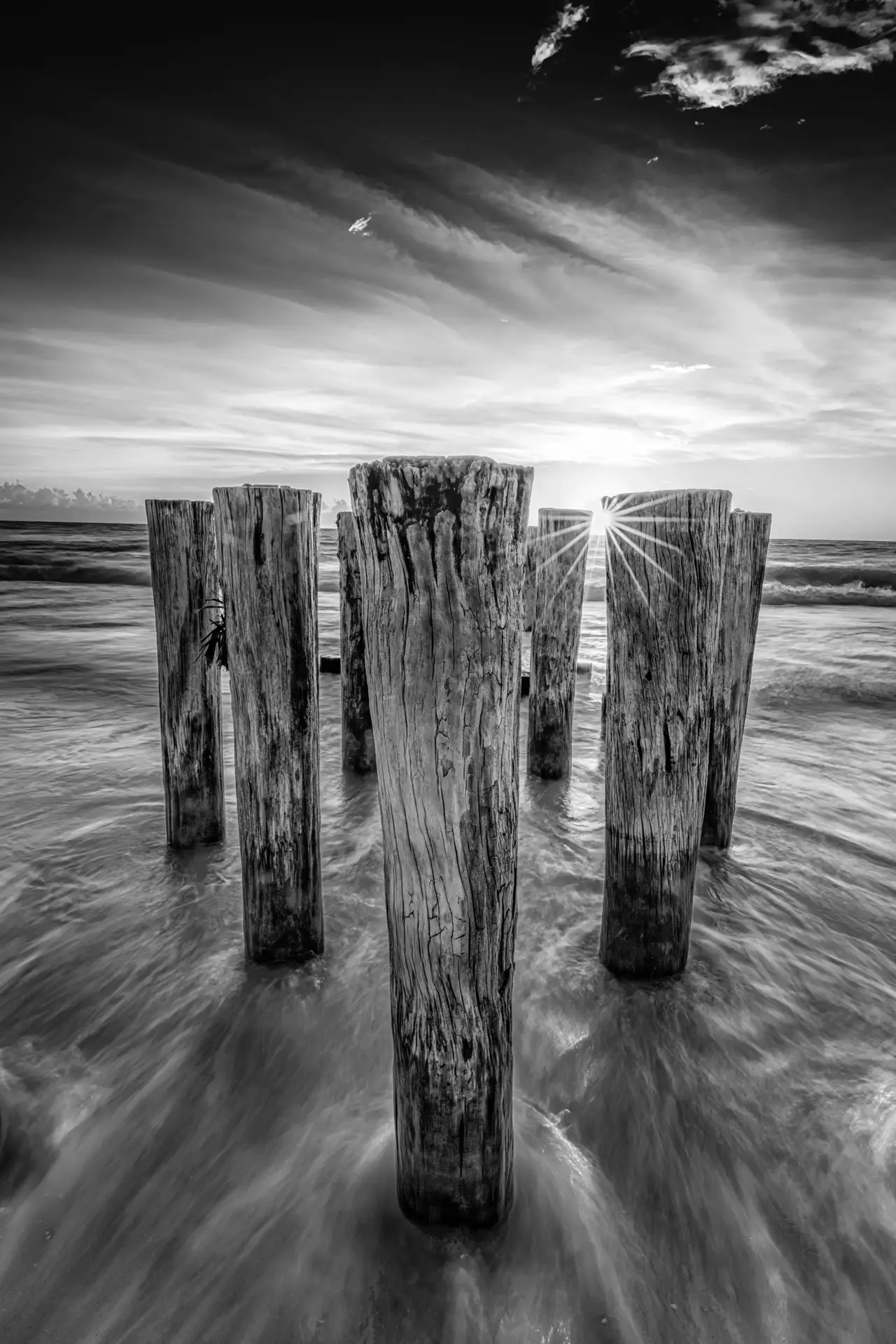 Weathered pilings at sunset silhouette