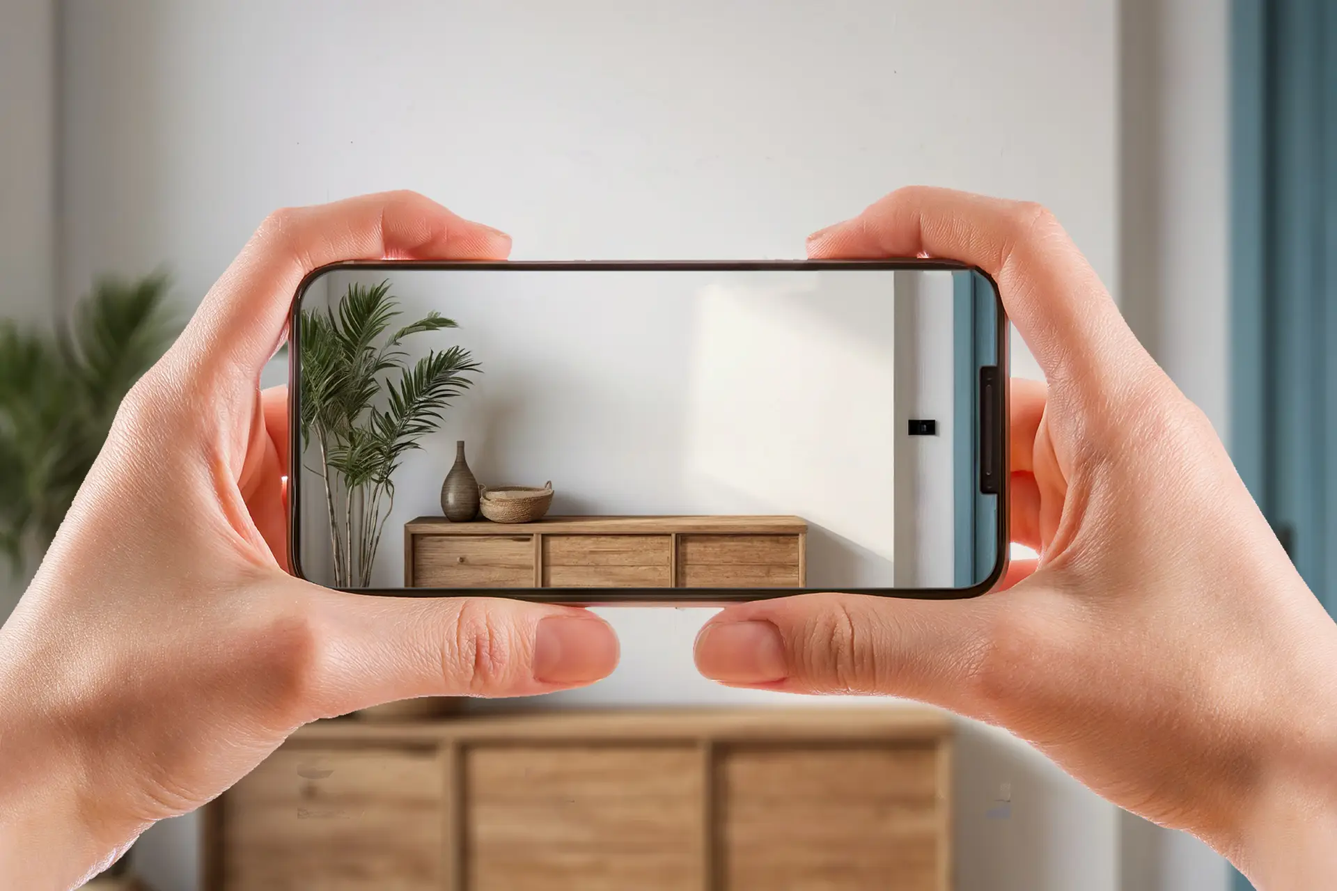 Hands holding a smartphone capturing a stylish room corner.