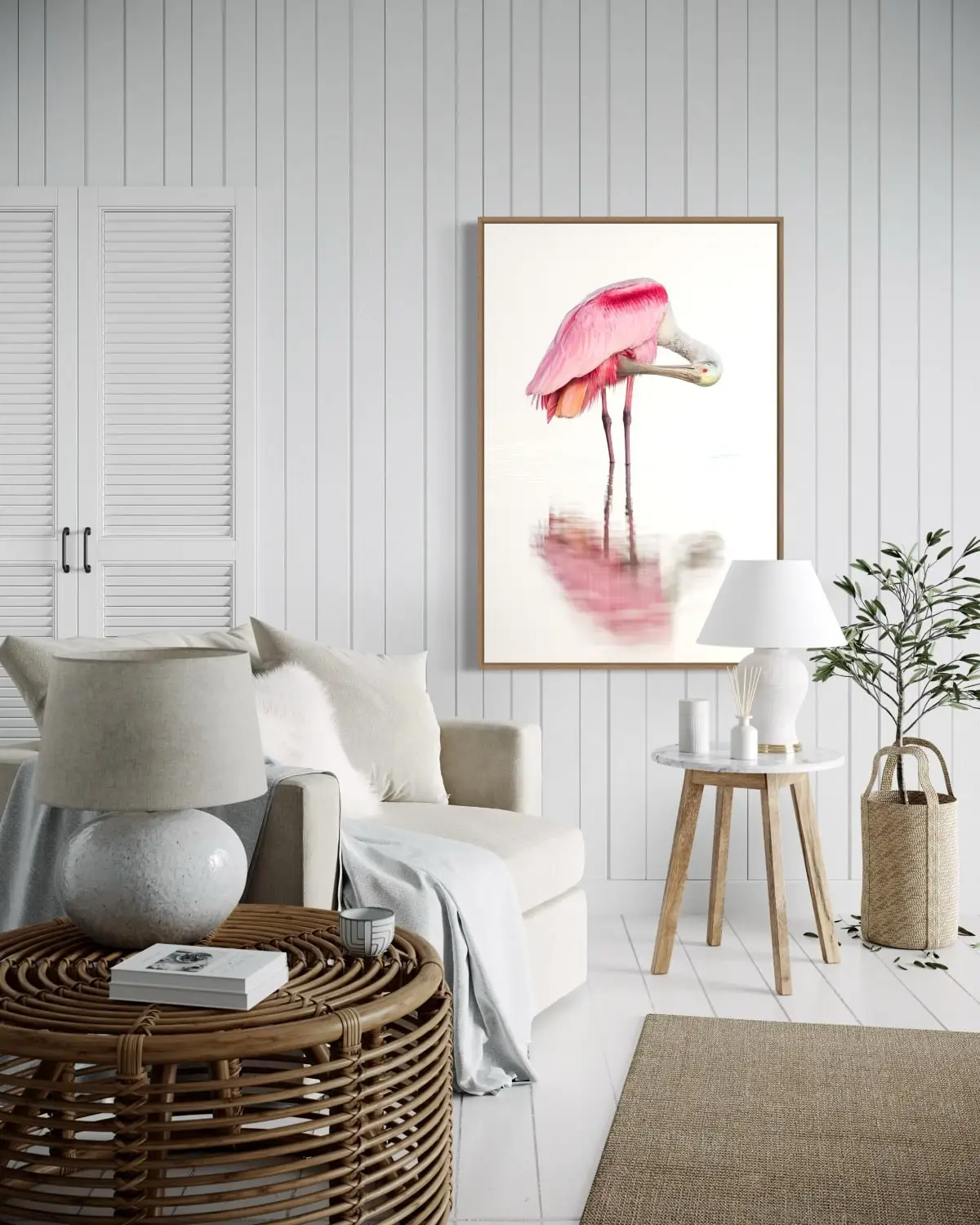 Elegant living room with flamingo wall art and natural decor.