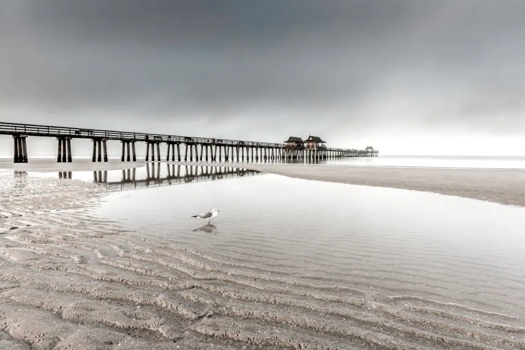 Serene pier with calm water reflections