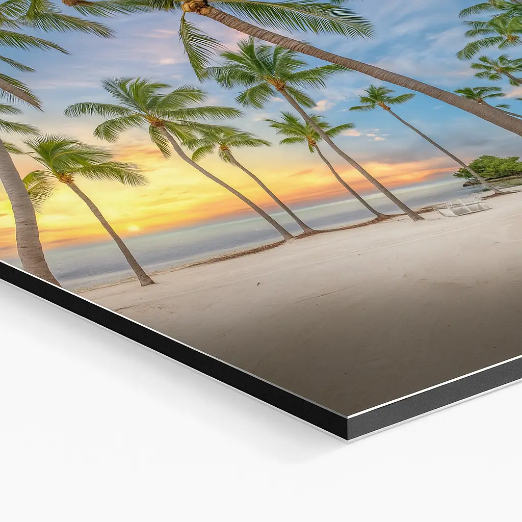 A tropical beach sunset with palm trees and calm waters.